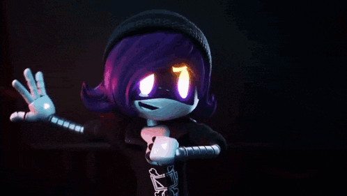 a cartoon character with purple wings is holding two guns