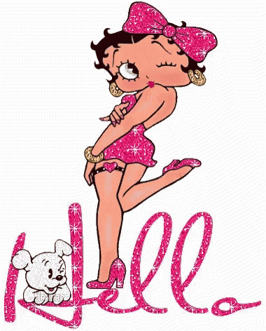 betty boop is wearing a pink dress and standing next to a white dog and says hello .