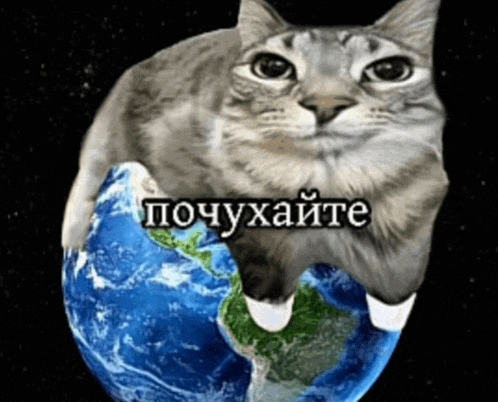 a cat is sitting on top of a globe with the words " pouyxaite " on the bottom