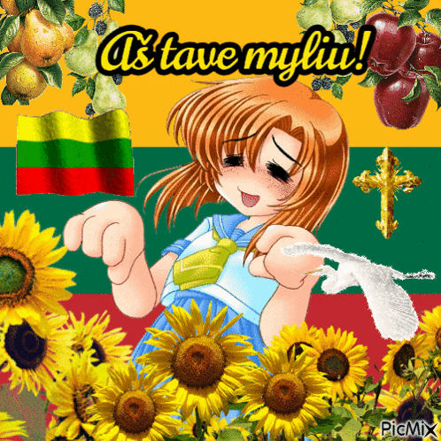 a picture of a girl surrounded by sunflowers with the words as tave myliu written above her