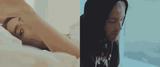 a woman laying on a bed next to a man wearing a hoodie that says rx