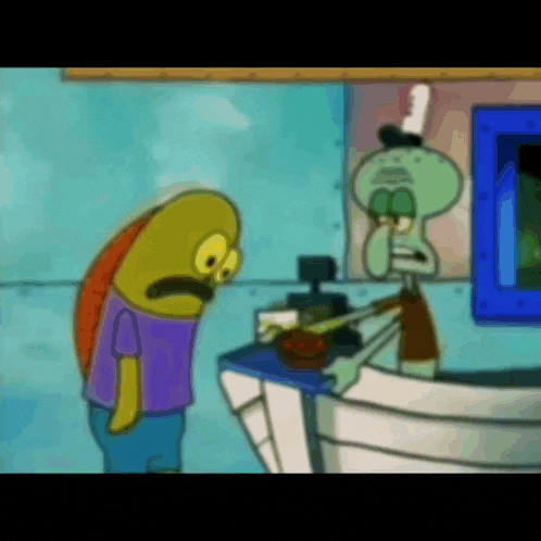 squidward from spongebob squarepants is standing next to a man in a purple shirt .