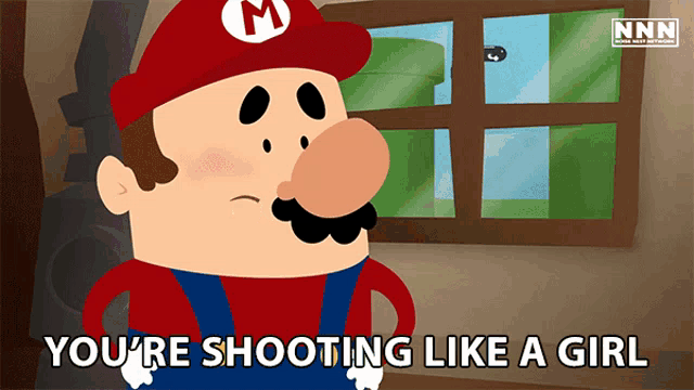 a cartoon of mario with the words you 're shooting like a girl