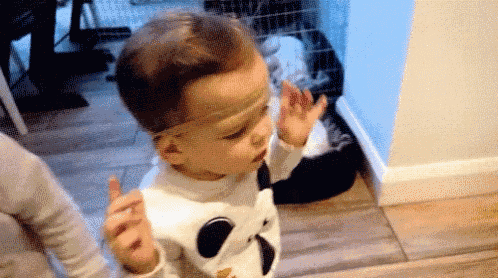 a little boy wearing a panda sweater holds his hands up