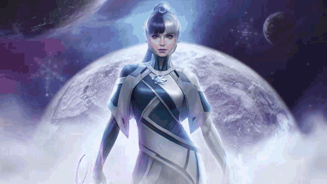 a woman in a futuristic costume is standing in front of a planet in space .