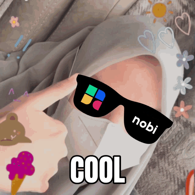a person wearing sunglasses that say ' nobi ' on it
