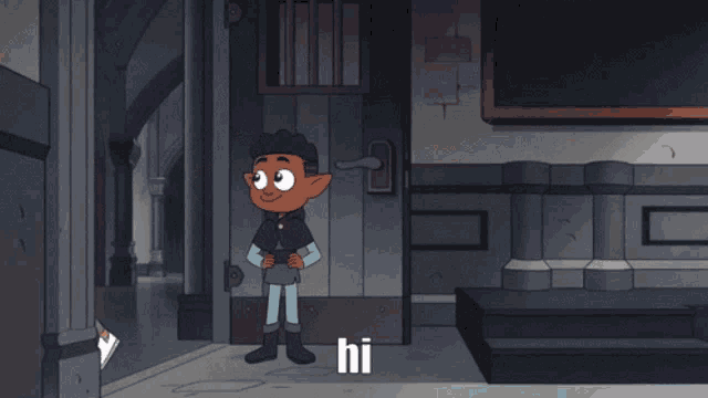 a cartoon character is standing next to a trash can and the word hi is on the bottom