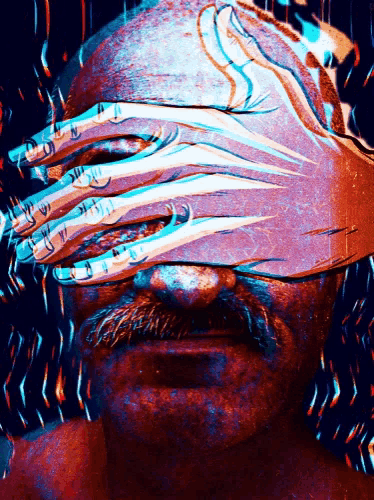 a close up of a man 's face with a drawing of nails on it