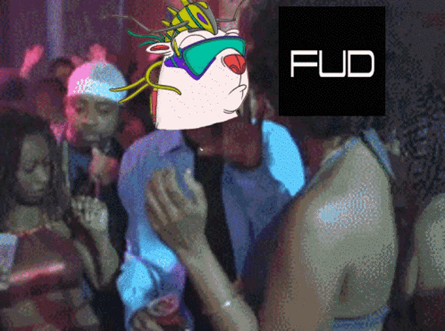 a group of people are dancing in a club and the word fud is on the bottom