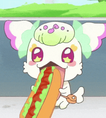 a cartoon character is eating a long hot dog with ketchup and lettuce