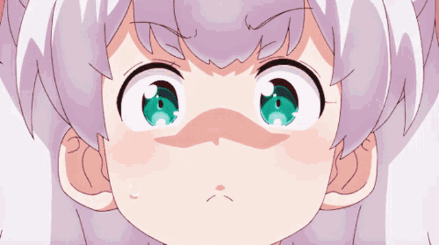 a close up of a anime character 's face with a surprised look on her face