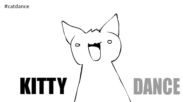 a black and white drawing of a cat with the words kitty dance above it