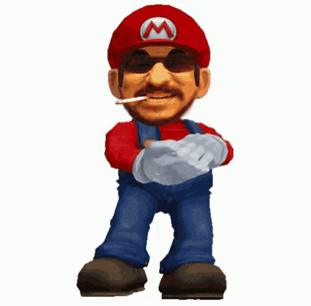 a mario character smoking a cigarette and wearing sunglasses and overalls