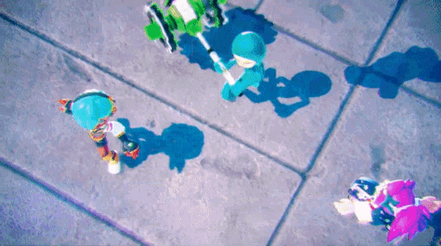 a group of cartoon characters are standing on a sidewalk with their shadows on the ground