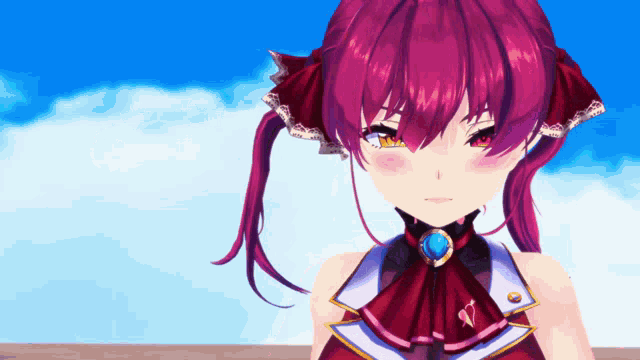 a girl with purple hair and red eyes is wearing a bow tie