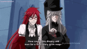 two anime characters are standing next to each other and one of them says how could this dreary old man be a legendary grim reap
