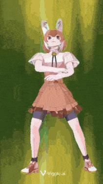 a girl with bunny ears is standing with her arms crossed and the word viggle.ai visible