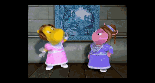 a couple of cartoon characters standing next to each other