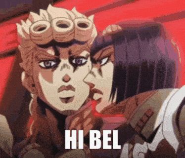 a cartoon of a man and a woman kissing with the words hi bel written on the bottom .