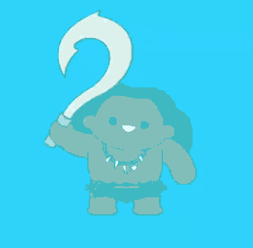 a cartoon drawing of a man holding a hook on a blue background