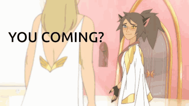 a cartoon of two women standing next to each other with the words " you coming " on the bottom