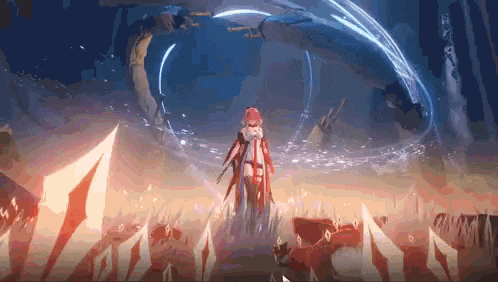 a video game character is standing in the middle of a field with a sword in her hand .