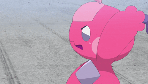 a pink cartoon character is holding a purple object in his hand
