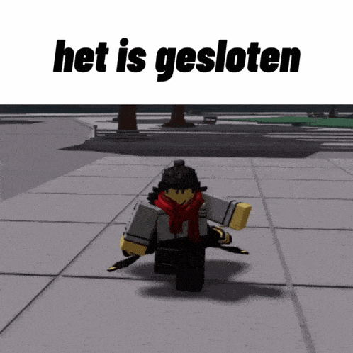 a cartoon character is standing on a sidewalk with the words het is gesloten written above him