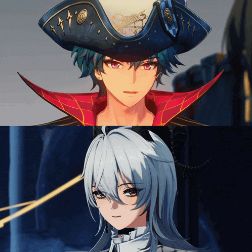 a man with a pirate hat and a woman with horns on her head