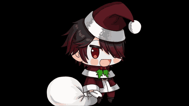 a cartoon character wearing a santa hat is holding a bag of presents