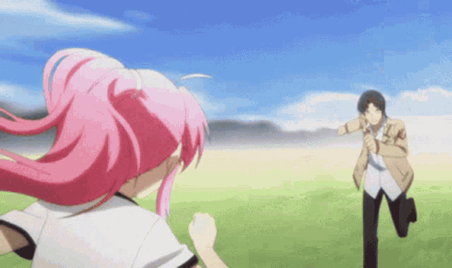 a girl with pink hair is running away from a man in a field