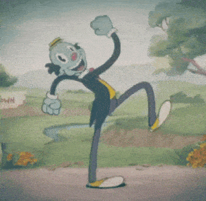 a cartoon character is dancing in front of a sign that says ' own '