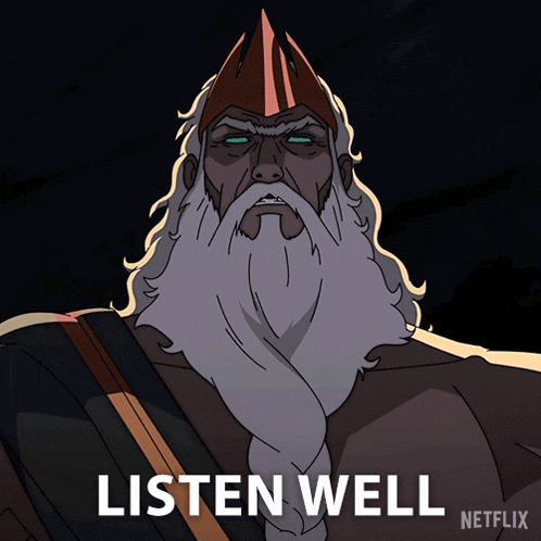 a cartoon of a man with a beard and a hat that says listen well on it
