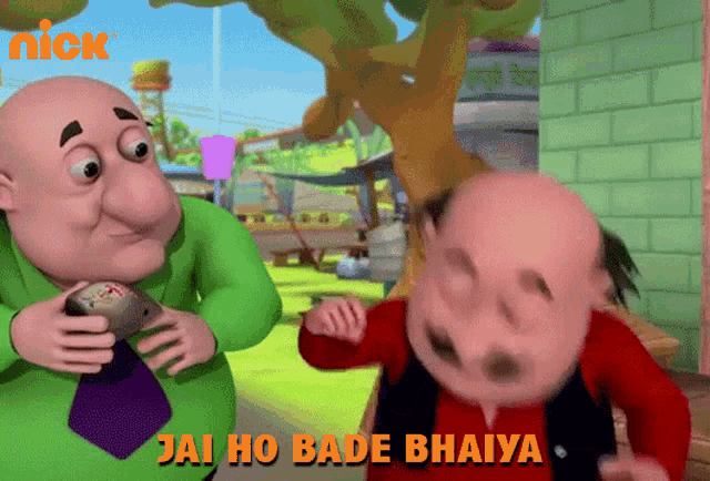 two bald cartoon characters are standing next to each other with the words jai ho bade bhaiya in the corner