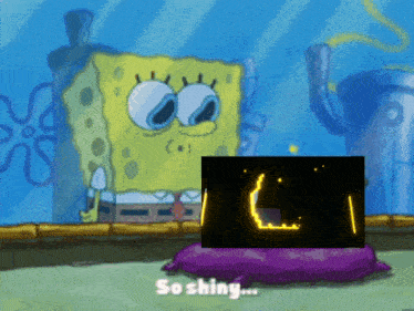 a cartoon of spongebob sitting on a purple pillow with the word so shing on the bottom