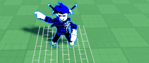 a blue and white cartoon character is standing on a green grid .