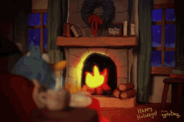 a fireplace with a wreath on it and the words " happy holidays " on the bottom
