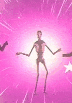 a skeleton is dancing on a pink background with stars .
