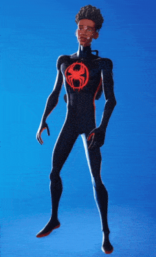a cartoon character in a black suit with a red spider on the chest