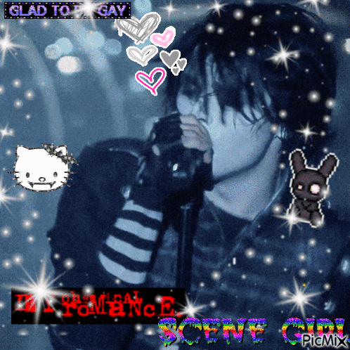 a picture of a person singing with the words glad to be gay in the upper right corner
