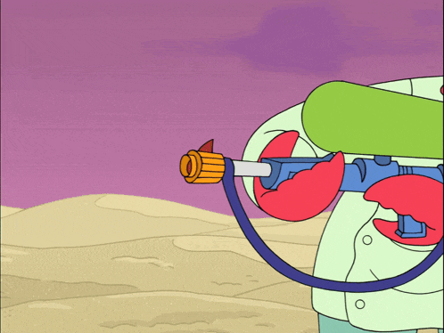 a cartoon character holding a water gun with a purple sky in the background