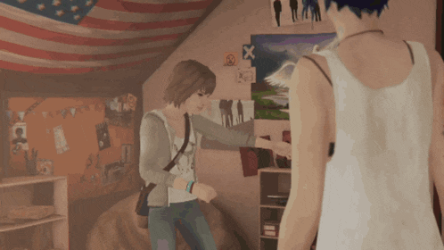 a girl in a white tank top is standing next to another girl in a bedroom