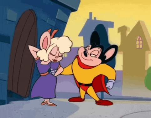 a couple of cartoon characters standing next to each other on a street