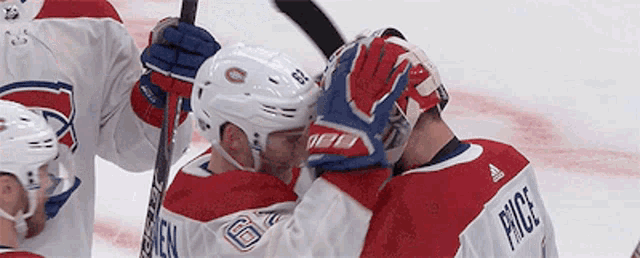 a hockey player named price is hugging another hockey player