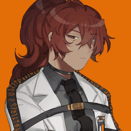 a drawing of a man with a ponytail and a black tie with the letters a and b on the sleeves