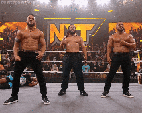 three men are dancing in a wrestling ring in front of a sign that says " nt "