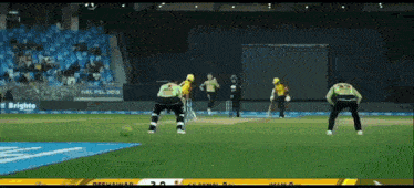 a group of cricket players are playing a game on a field with a sign that says brighto