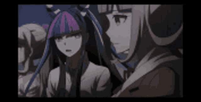 a group of anime girls are standing next to each other and looking at something .