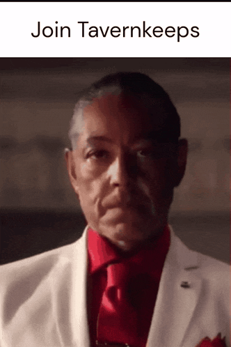 a man in a white suit and red tie has the words join tavernkeeps above him