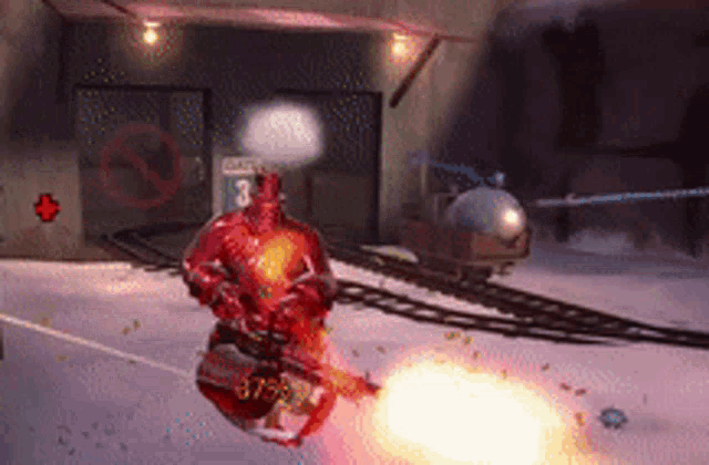 a video game character is shooting a gun with the number 3 on the wall in the background